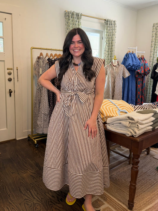 Model wearing the Front Tie Midi Dress, brown and white stripes, full length