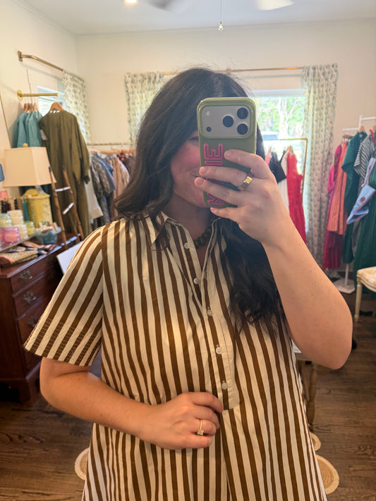Model taking a close mirror photo in the Maple Stripe Mini Dress, showing the brown and cream stripes and collar