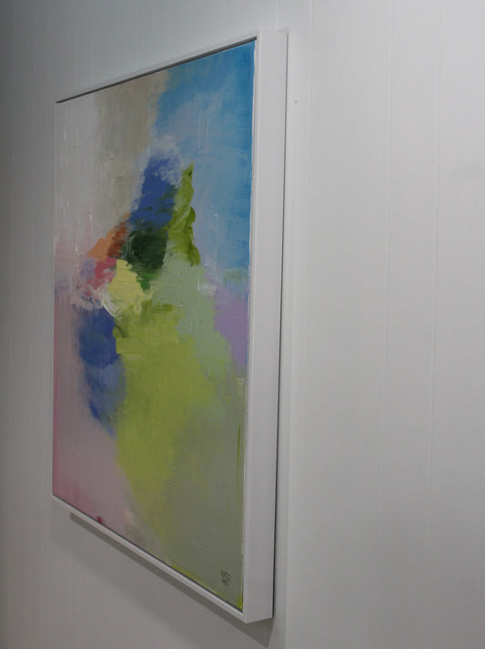 Subtle Spring painting shown from a side angle, hanging on a white wall