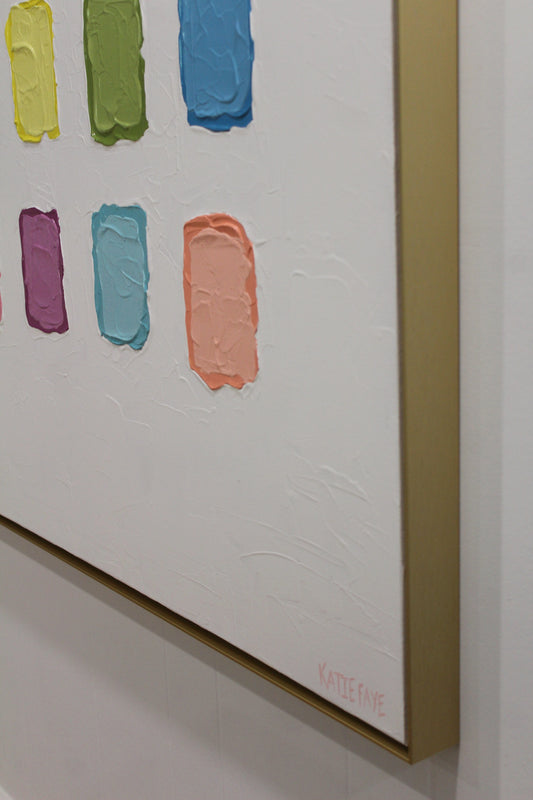 Side angle of the Pope Palette painting showing thick paint swatches and the gold floater frame