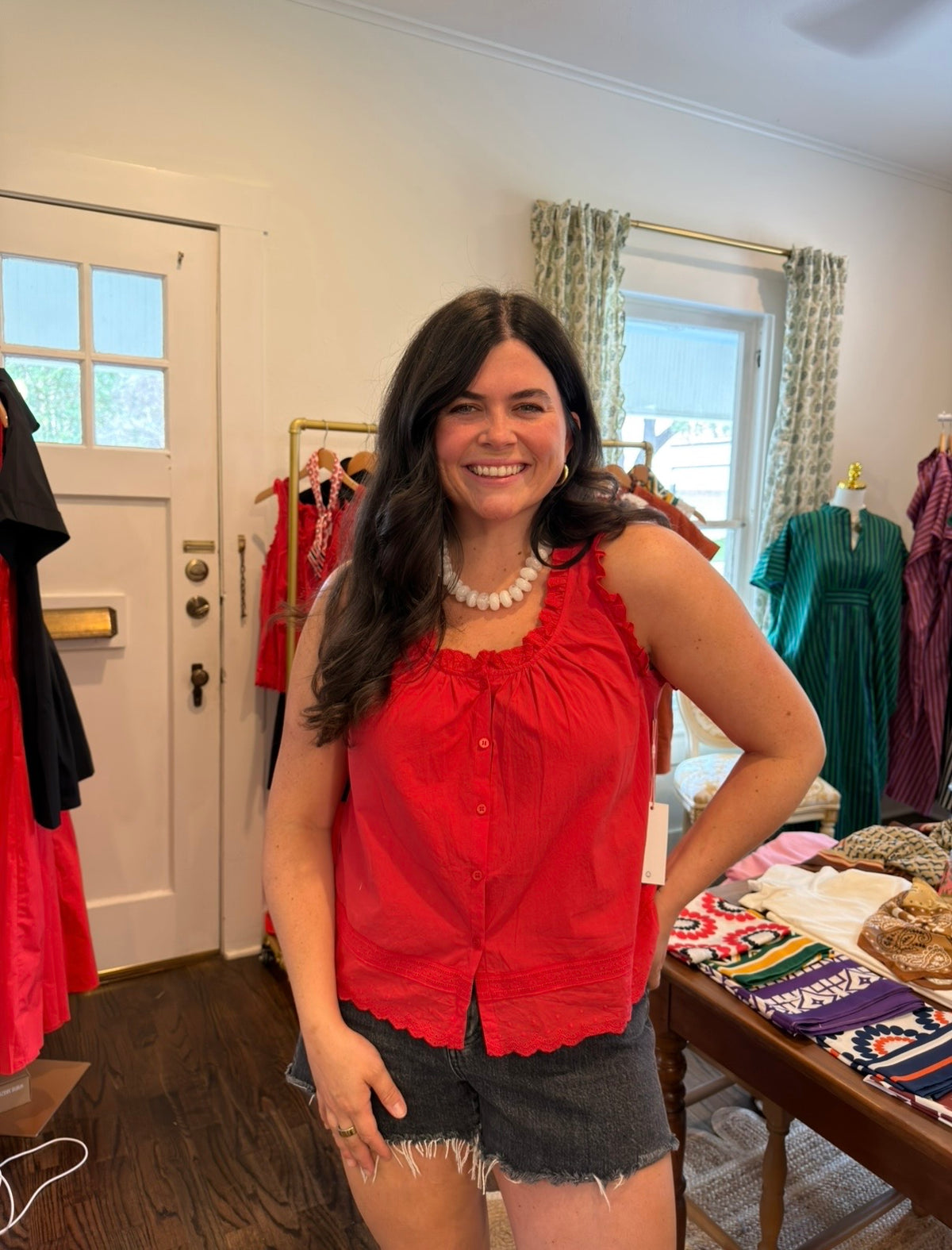 Red Eyelet Ruffle Blouse