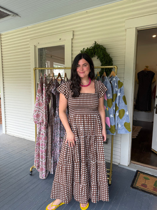 Smocked Brown Gingham Midi