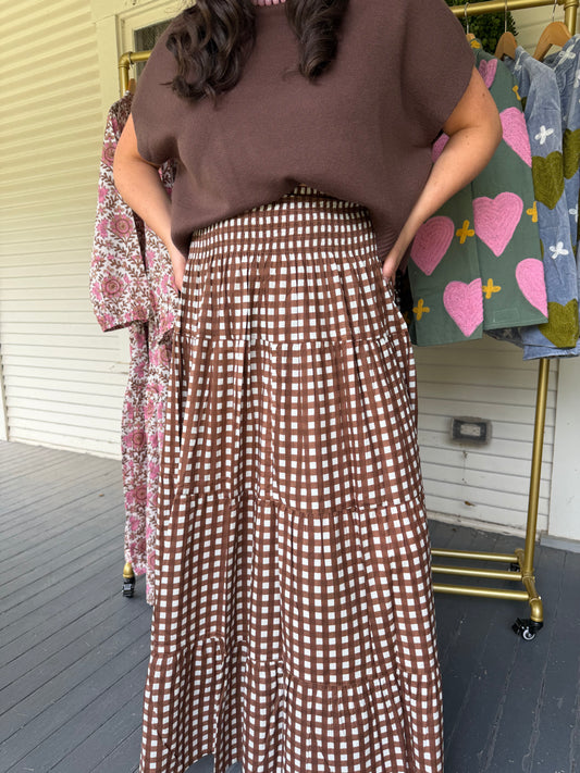 Brown Gingham Maxi Skirt
