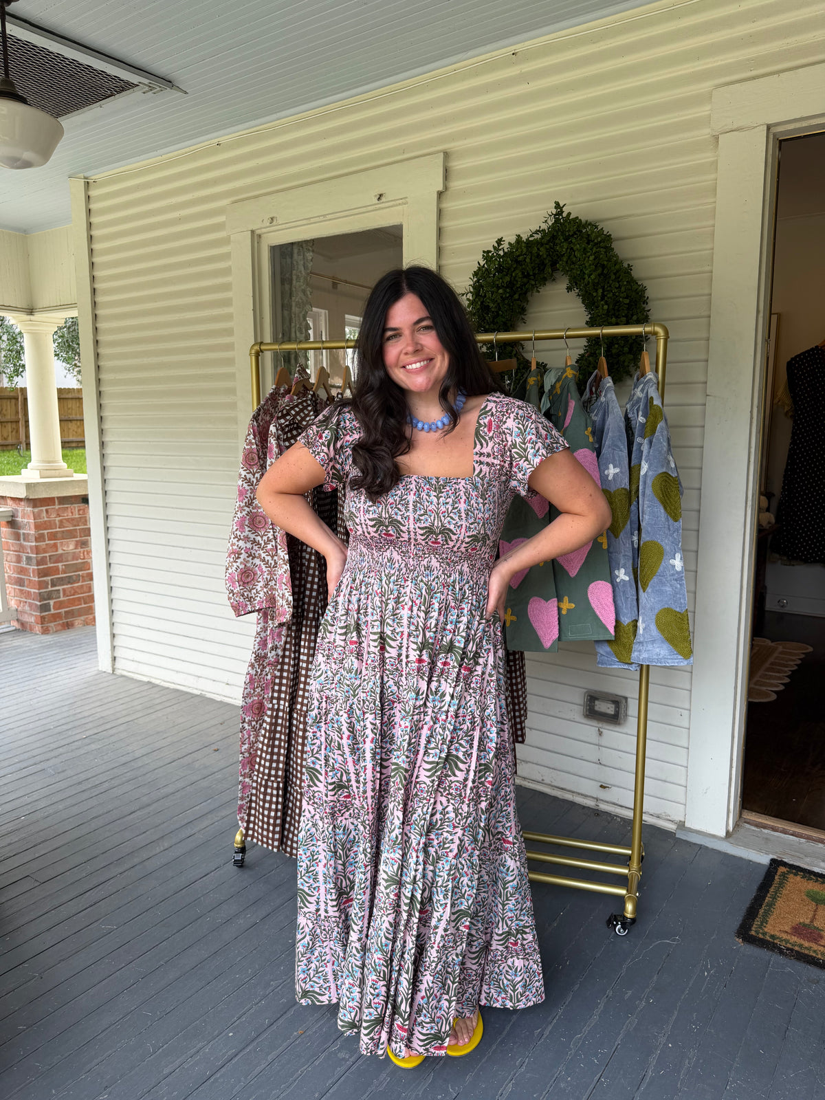 Pink Floral Smocked Midi Dress