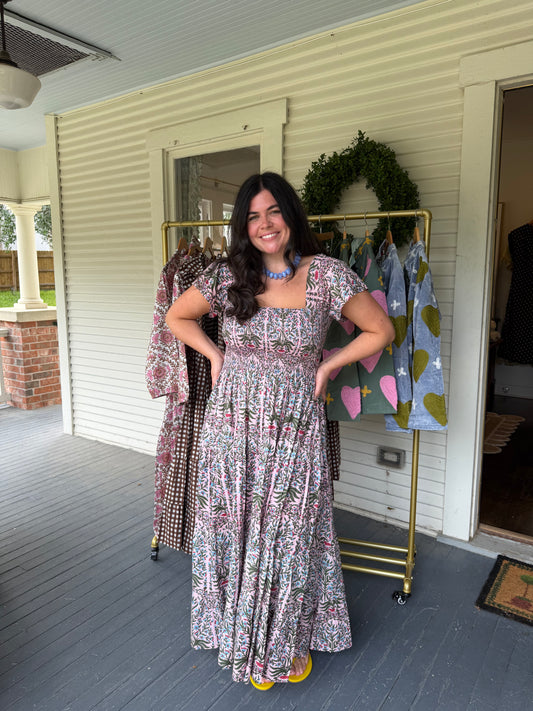 Pink Floral Smocked Midi Dress