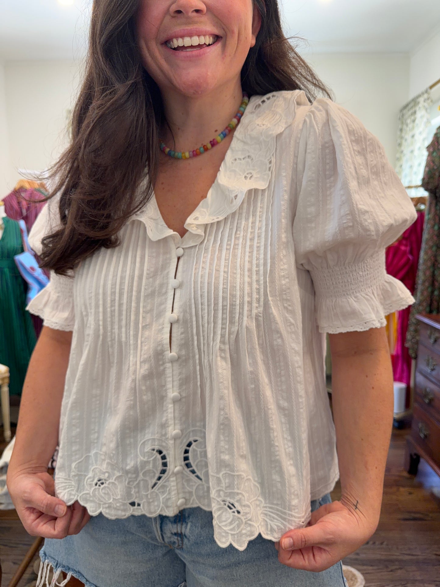 White Floral Eyelet Top