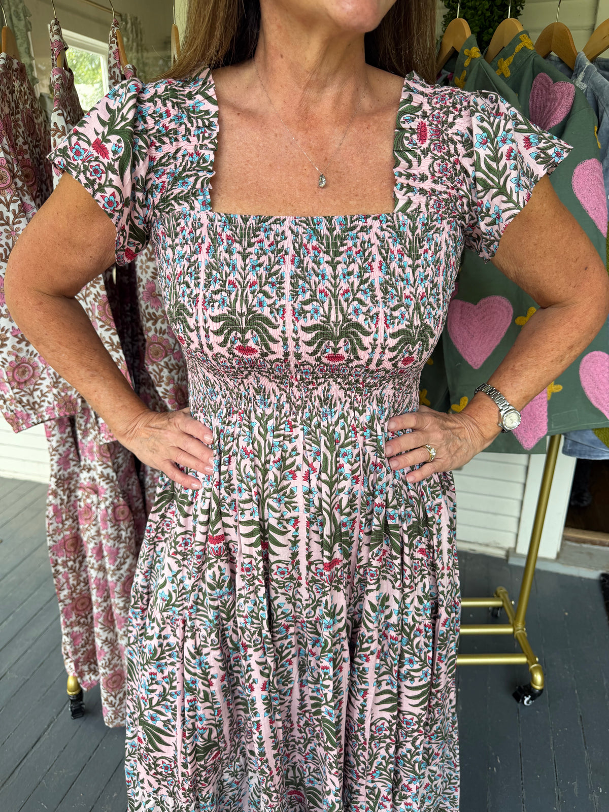 Pink Floral Smocked Midi Dress