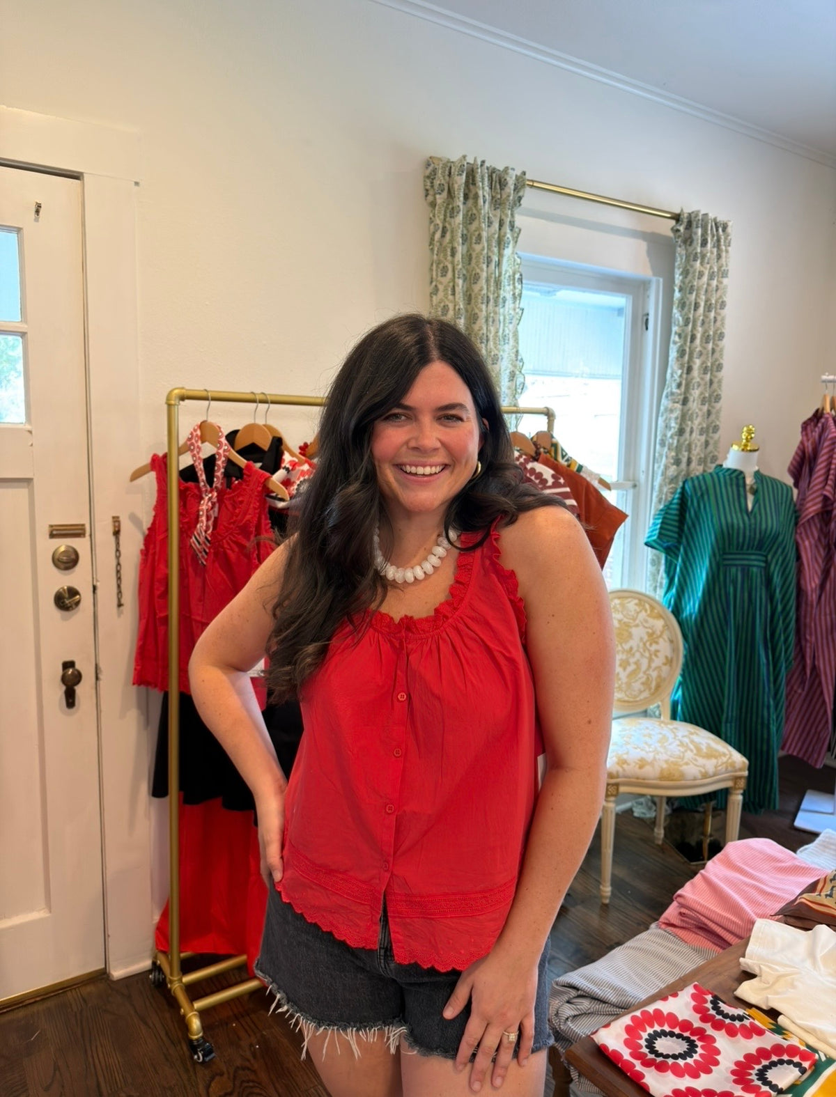 Red Eyelet Ruffle Blouse