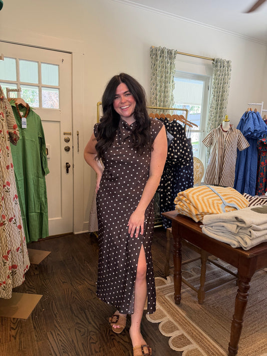 Brown Polka Dot Slit Dress