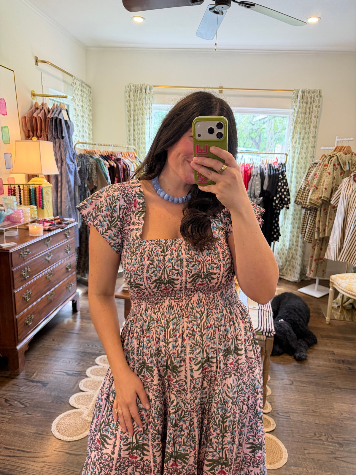 Pink Floral Smocked Midi Dress