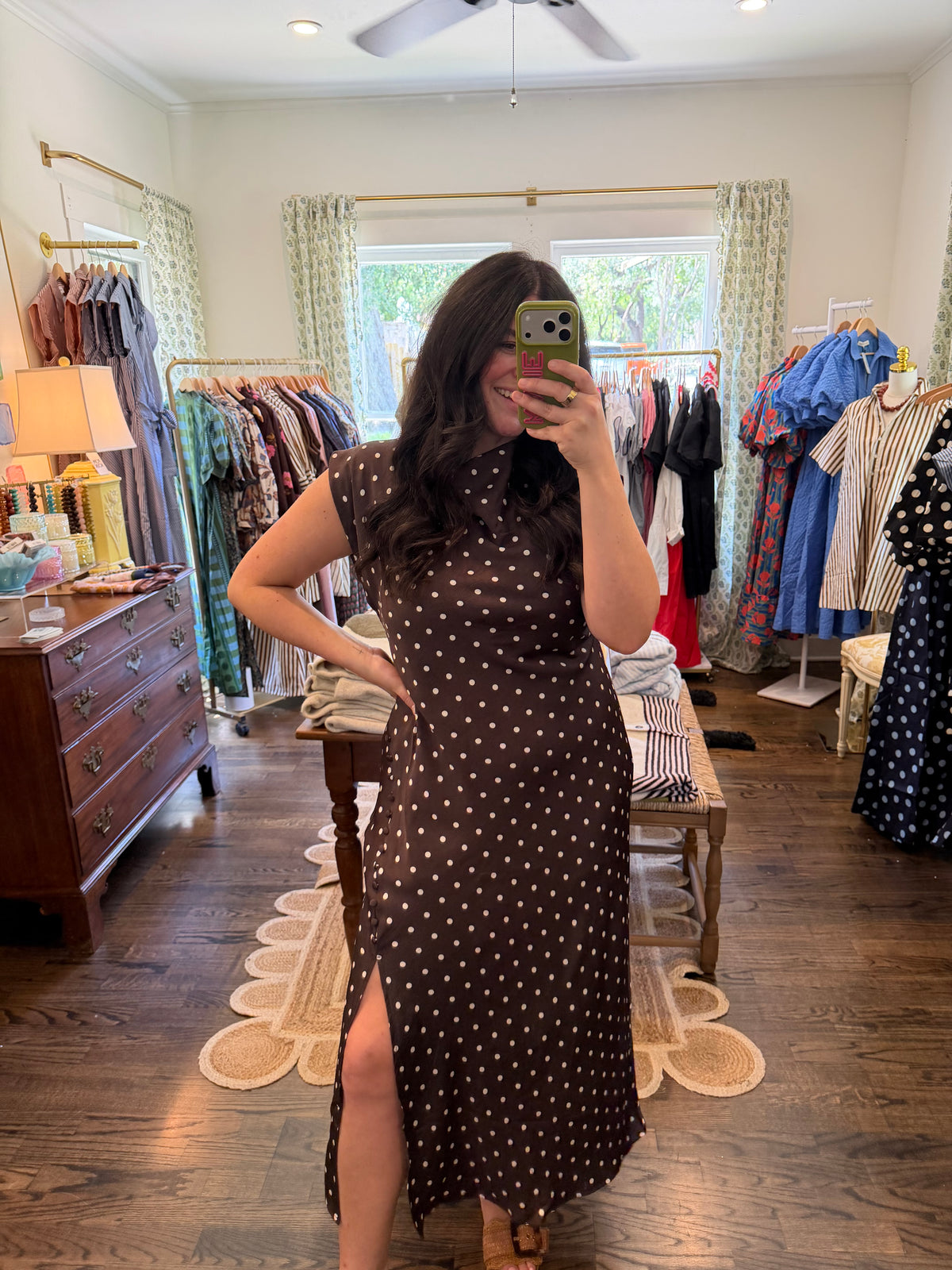 Brown Polka Dot Slit Dress