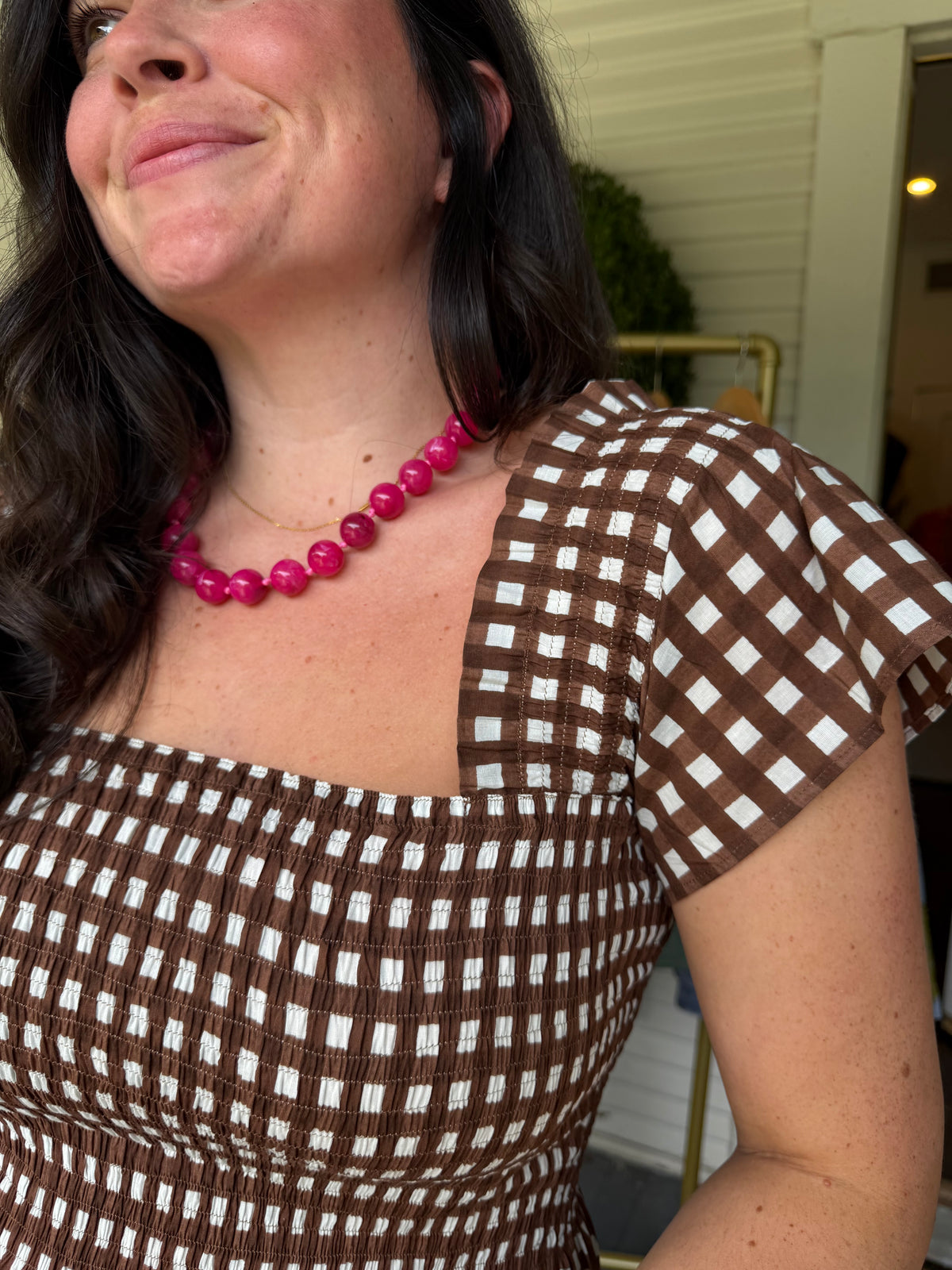 Smocked Brown Gingham Midi