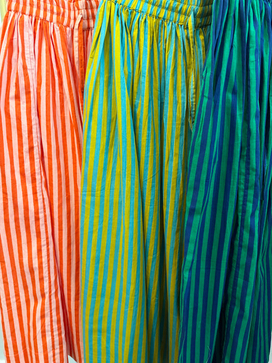 Close view of Keaton Stripe Skirts in orange and white, lime and blue, and green and navy stripes
