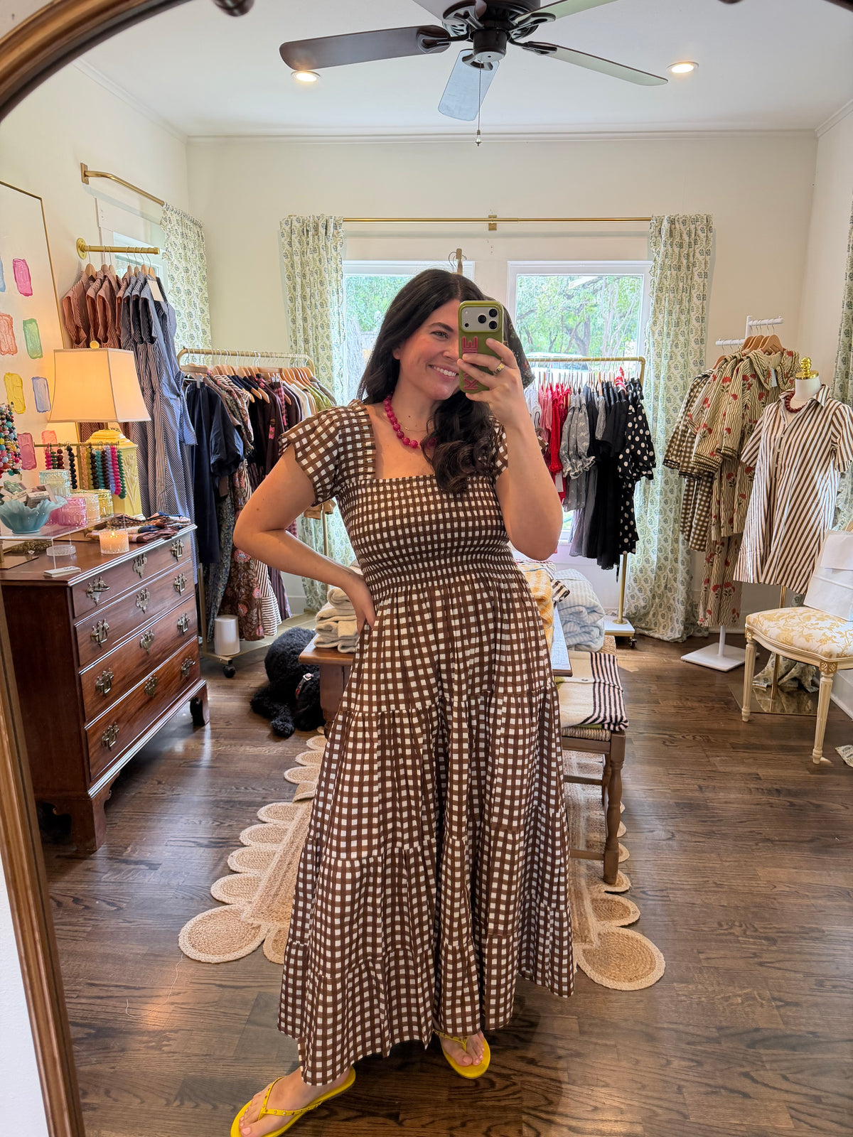 Smocked Brown Gingham Midi