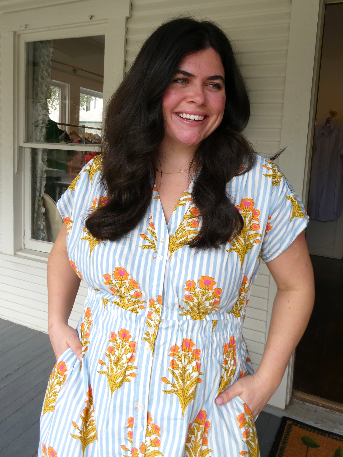THML Stripes & Floral Midi Dress