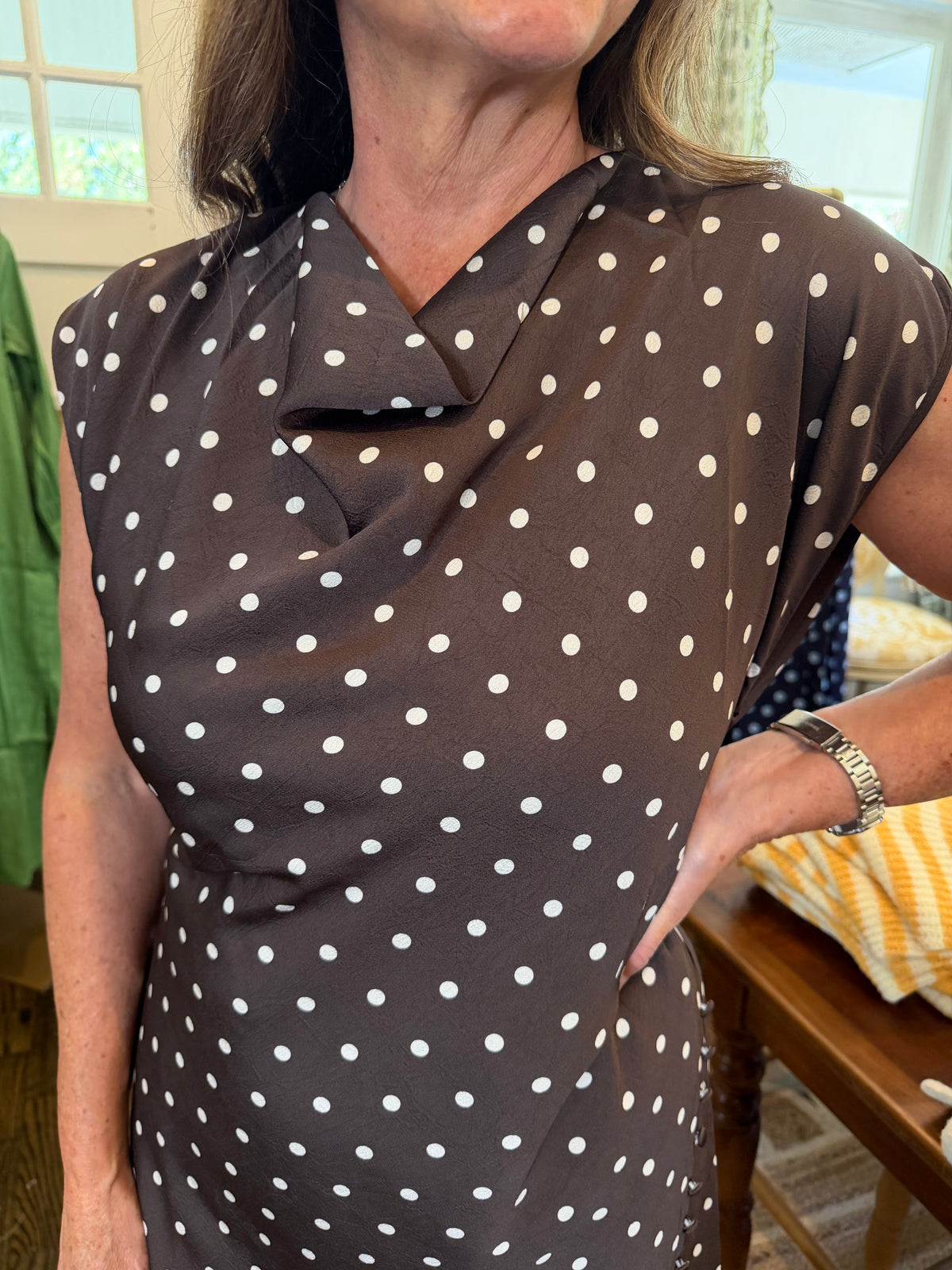 Brown Polka Dot Slit Dress