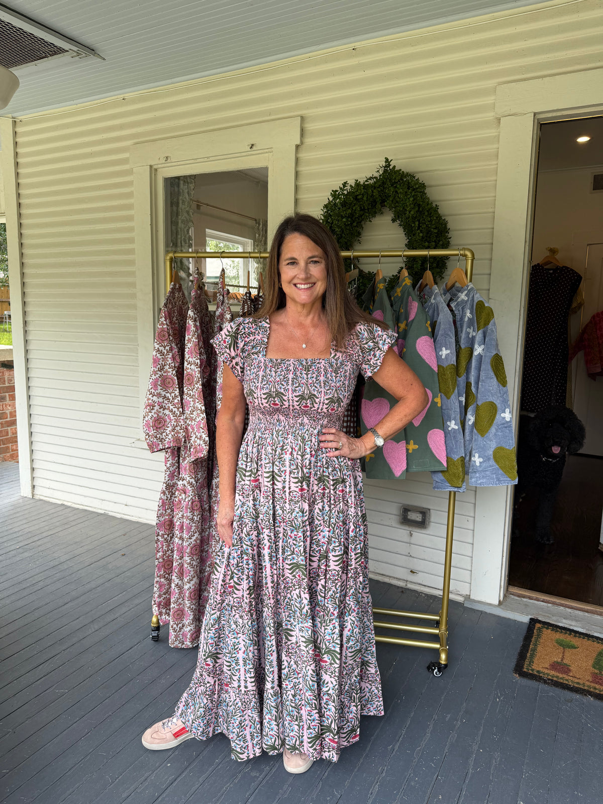 Pink Floral Smocked Midi Dress