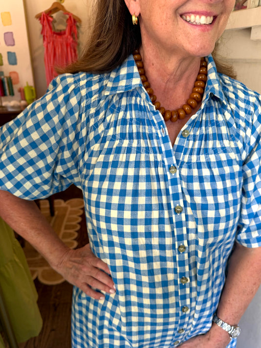 Close view of the Blue Gingham Oasis Dress's collar, buttons and puff sleeves