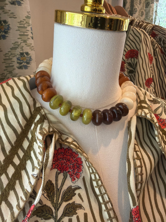 Fall Multicolor Bubble Necklace in amber, olive, cream and brown beads on a dress form