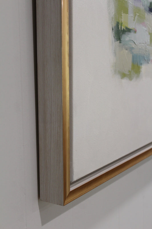 Close view of the gold and wood floater frame edge on The Original painting